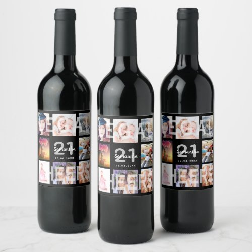 21st birthday party photo collage black legal wine label