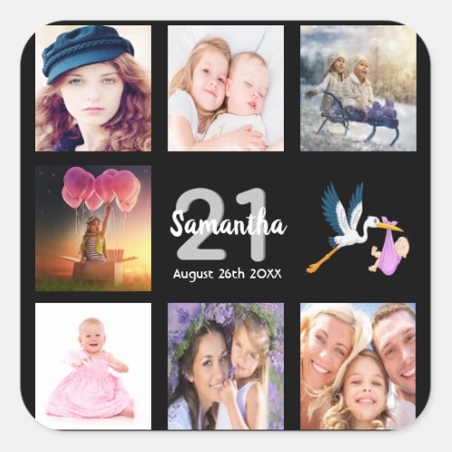 21st birthday party photo collage black square sticker