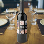 21st birthday party photo collage black wine label<br><div class="desc">A bottle label for a 21st birthday party,  celebrating her life with a collage of 8 of your photos.  Templates for a name,  age 21 and a date.  Date of birth or the date of the party.  White and gray colored letters.  Elegant black background color.</div>