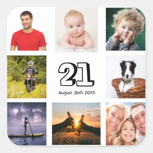 21st birthday party photo collage boy square sticker