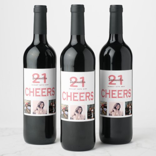 21st birthday party photo collage cheers pink wine label