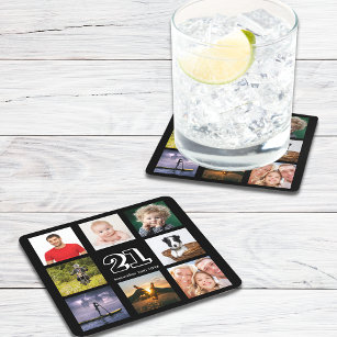 21st birthday party photo collage guy black square paper coaster