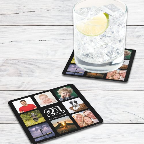 21st birthday party photo collage guy black square paper coaster