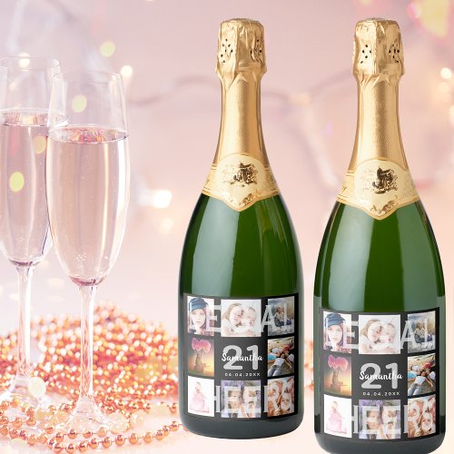 21st birthday party photo collage legal black sparkling wine label