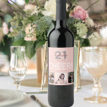 21st birthday party photo collage rose gold cheers wine label<br><div class="desc">A bottle label for a 21st birthday party, celebrating her life with a collage of 3 of your photos. Personalize and add a name, age 21 and a date. Date of birth or the date of the party. White and dark rose gold colored letters. The text: Cheers. Elegant and trendy...</div>