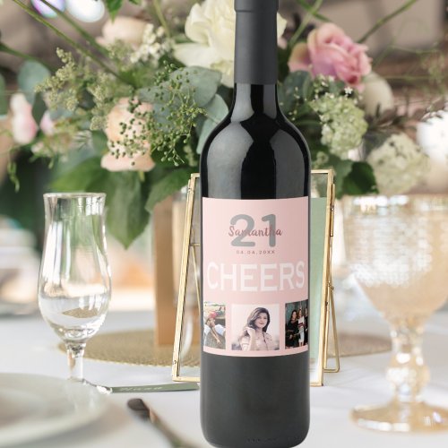 21st birthday party photo collage rose gold cheers wine label