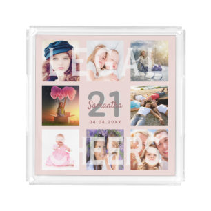 21st birthday party photo collage rose gold legal acrylic tray