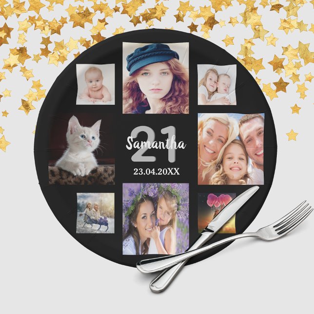 21st birthday party photo collage woman black paper plates (Creator Uploaded)