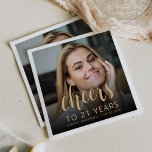 21st Birthday Party Photo Gold Script Cheers Napkins<br><div class="desc">This custom 21st birthday napkin features the guest of honor's personalized photo,  name,  and birthday,  along with the word "Cheers" in elegant gold-colored calligraphy script. A dark screen helps make the text pop. A great way to celebrate someone who's turning 21!</div>