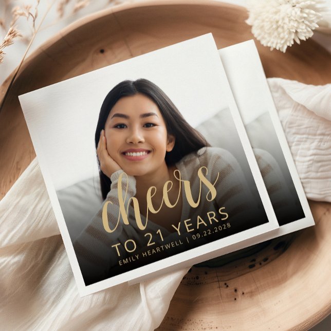 21st Birthday Party Photo Gold Script Cheers Napkins (Creator Uploaded)