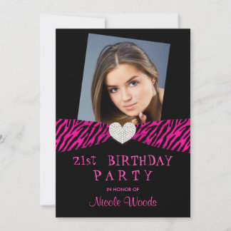 21st Birthday Party Photo Invitations - Pink Zebra