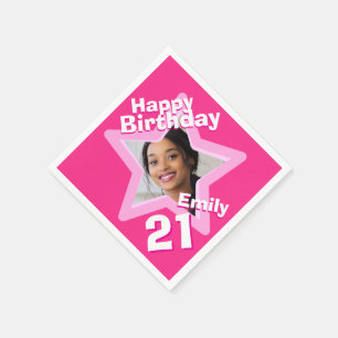 21st Birthday party photo star hot pink napkins