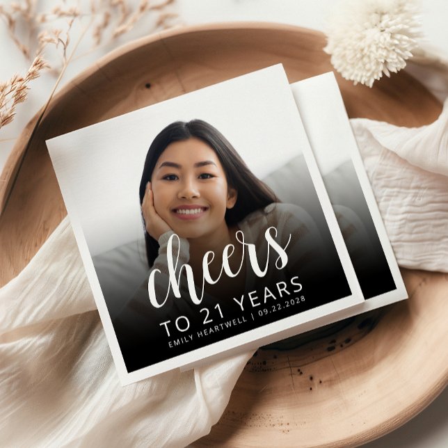 21st Birthday Party Photo White Script Cheers Napkins (Creator Uploaded)