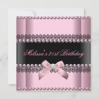21st Birthday Party Pink Black Lace Pearl Invitation