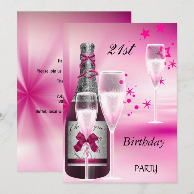 21st Birthday Party Pink Champagne 21 Invitation (Front/Back)