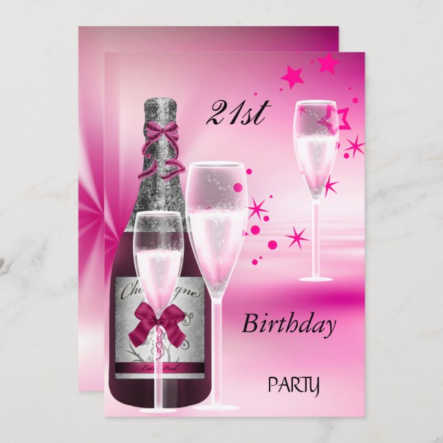 21st Birthday Party Pink Champagne 21 Invitation (Front/Back)