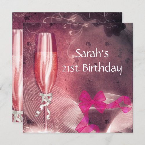 21st Birthday Party Pink Champagne Glass Bow 2 Invitation