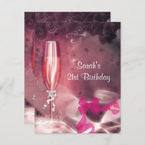 21st Birthday Party Pink Champagne Glass Bow Invitation