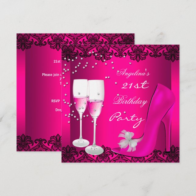 21st Birthday Party Pink Champagne High Heel Shoes Invitation (Front/Back)