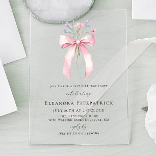 21st Birthday Party Pink Coquette Bow Wildflower Acrylic Invitations