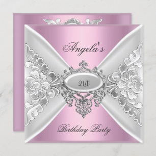 21st Birthday Party Pink Elegant Silver White Invitation