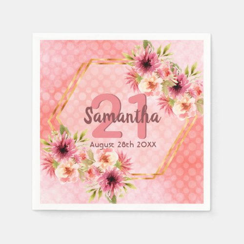 21st birthday party pink floral gold geometric napkins