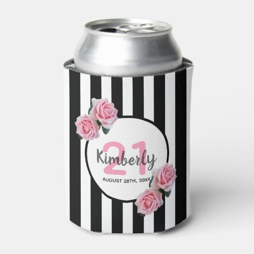 21st birthday party pink florals black stripes can cooler