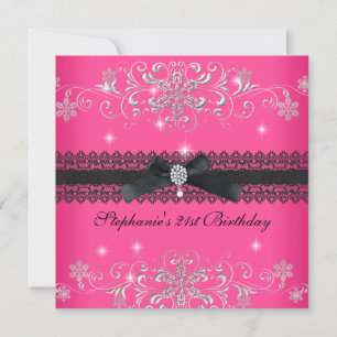 21st Birthday Party Pink Glitter Black Bow Jewel Invitation