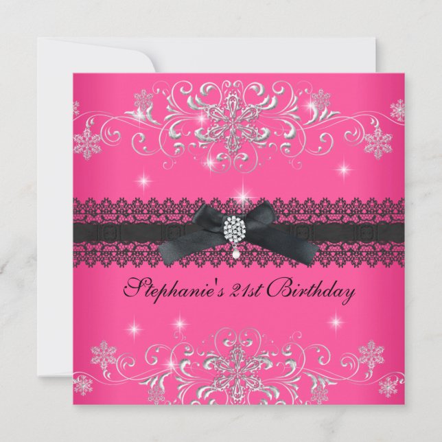 21st Birthday Party Pink Glitter Black Bow Jewel Invitation (Front)