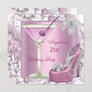 21st Birthday Party Pink Martini High Heel Floral Invitation