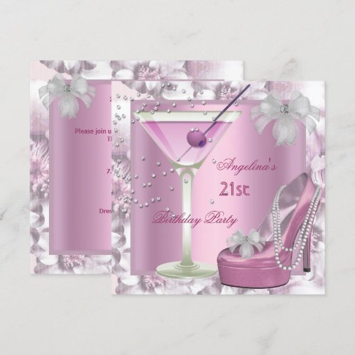 21st Birthday Party Pink Martini High Heel Floral Custom Announcement