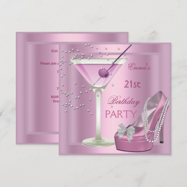 21st Birthday Party Pink Martini High Heel Shoes Invitation (Front/Back)