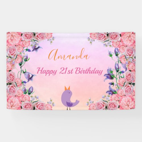 21st birthday party pink purple floral welcome banner