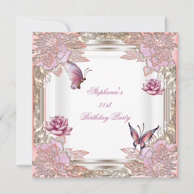 21st Birthday Party Pink Rose White Butterfly Invitation (Front)