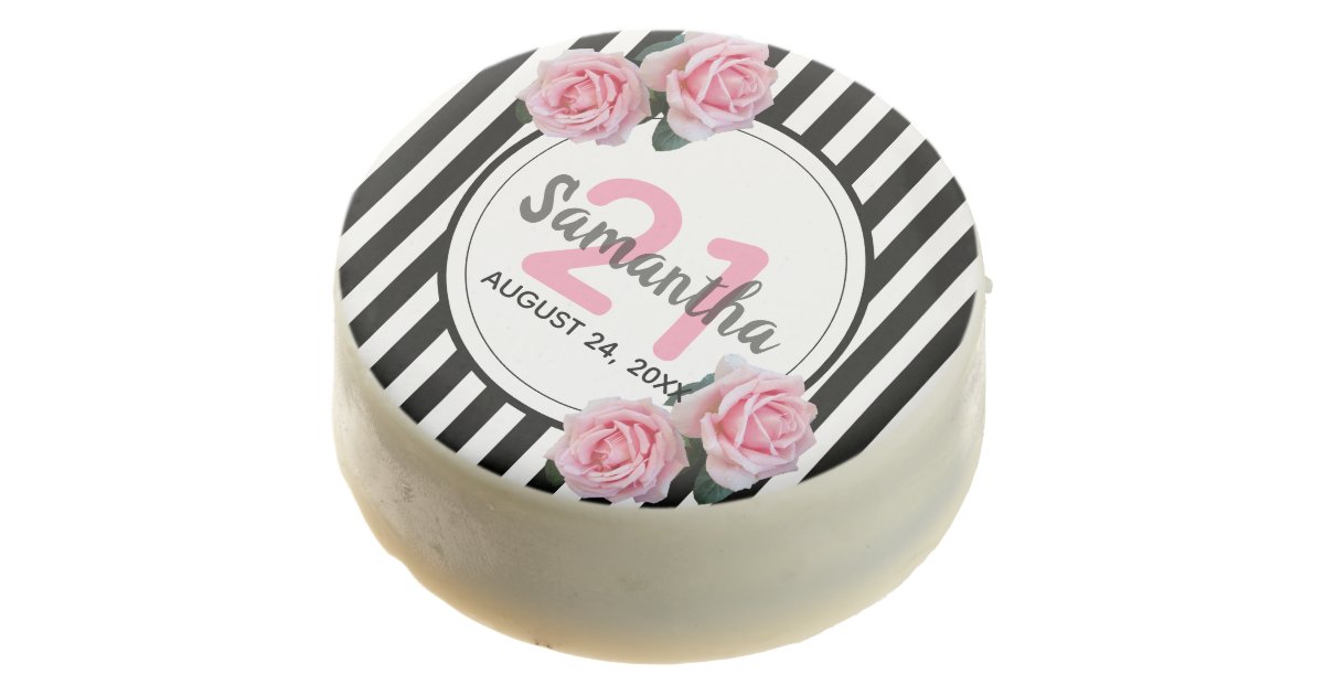 21st Birthday Party Pink Roses Black White Stripes Chocolate Covered