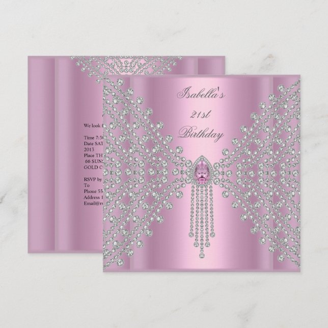 21st Birthday Party Pink Silver White Diamond Invitation (Front/Back)