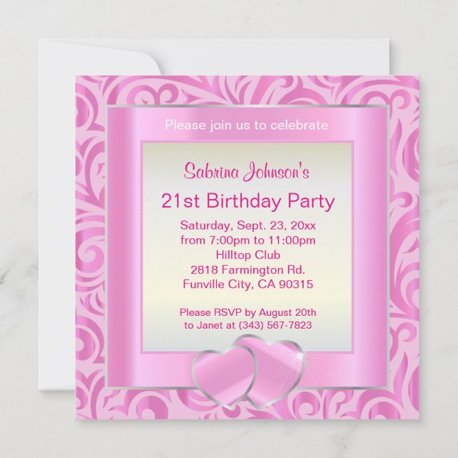 21st Birthday Party | Pink, Silver & White Verder Invitation (Back)