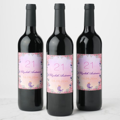 21st birthday party pink violet floral cute wine label