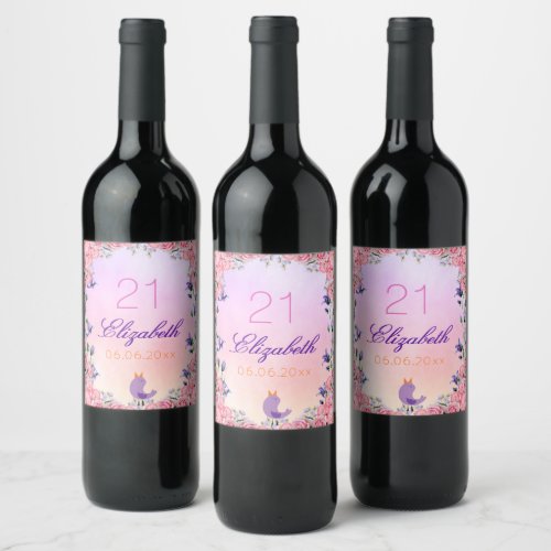 21st birthday party pink violet florals bird wine label