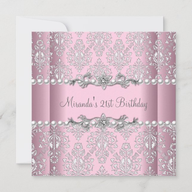 21st Birthday Party Pink White Pearl Silver Lace Invitation (Front)