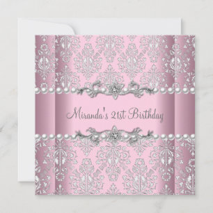 21st Birthday Party Pink White Pearl Silver Lace Invitation