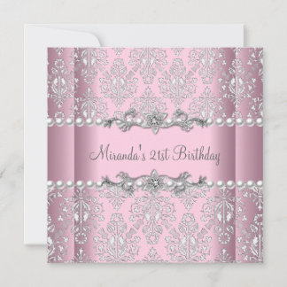 21st Birthday Party Pink White Pearl Silver Lace Invitation