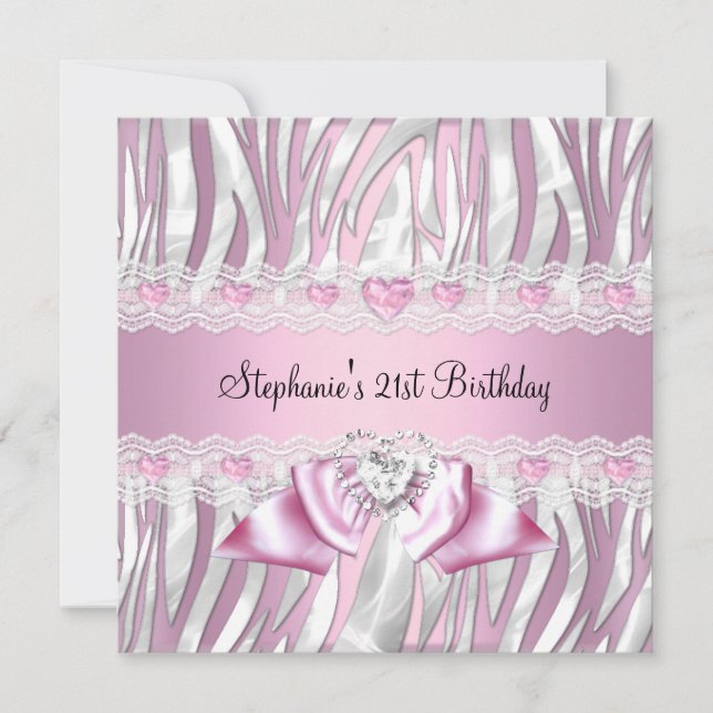 21st Birthday Party Pink White Zebra Diamond Invitation (Front)
