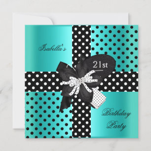 21st Birthday Party Polka Dot Teal Black White Invitation
