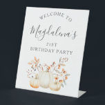 21st Birthday Party Pumpkin Fall Leaves Welcome Pedestal Sign<br><div class="desc">An elegant white watercolor pumpkin is nestled in fall leaves and flowers. The sophisticated blend of deep earth tones and soft pastels creates a unique aesthetic your guests will love. All the text is easily edited,  so you can set just the right tone.</div>