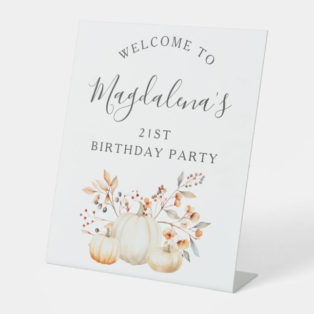 21st Birthday Party Pumpkin Fall Leaves Welcome Pedestal Sign (Front)