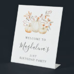 21st Birthday Party Pumpkin Fall Leaves Welcome Pedestal Sign<br><div class="desc">An elegant white watercolor pumpkin is nestled in fall leaves and flowers. The sophisticated blend of deep earth tones and soft pastels creates a unique aesthetic your guests will love. All the text is easily edited,  so you can set just the right tone.</div>