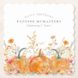 21st Birthday Party Pumpkin Wildflower Custom Paper Coaster<br><div class="desc">Fall pumpkins are nestled in delicate golden yellow and orange wildflowers to create an elegant aesthetic. All of the text is editable so you can easily craft your own special mood.</div>
