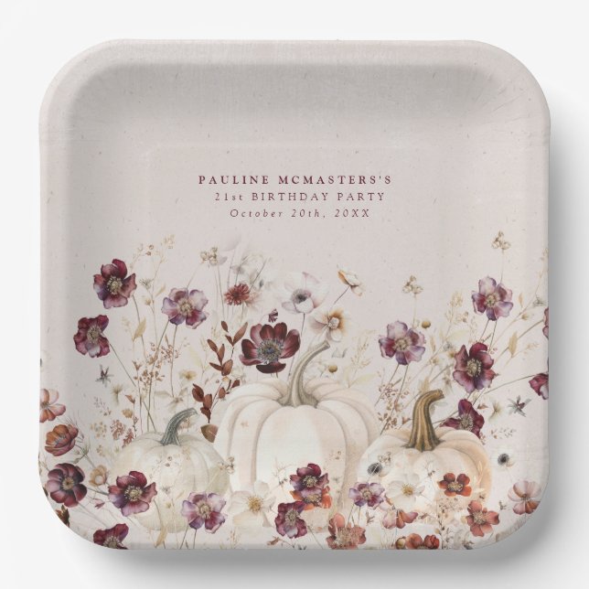 21st Birthday Party Pumpkin Wildflower Custom Paper Plates (Front)