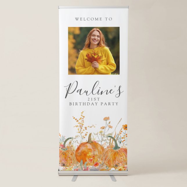 21st Birthday Party Pumpkin Wildflower Photo Retractable Banner (Front)
